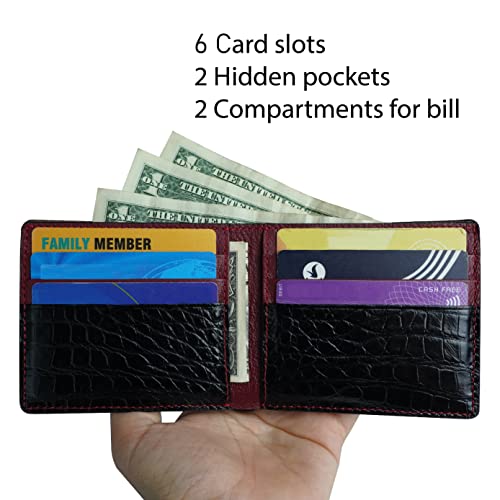 Image of Mens Black Red Slim Bifold Leather Wallets RFID Blocking Leather Wallet Double Side Luxury Passcase with ID Window Classic Handmade Gift for Dad Son Husband Boyfriend, Wedding, Father's Day VIMIX-81