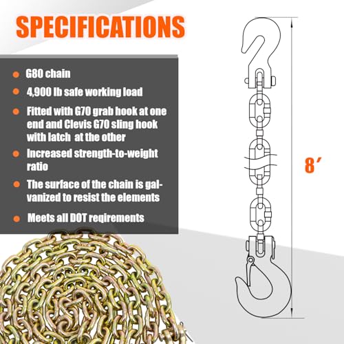 Image of TKK 5 /16 inch G80 Trailer Tow Chain, 8 FT Heavy-Duty Safety Chain Equipped with Snap Hook and Clevis Grab Hook, Rated 4,900 lbs WLL