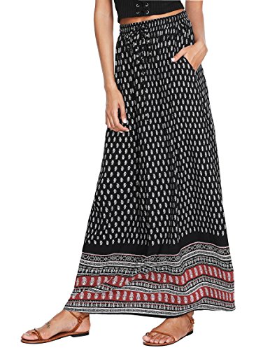 Milumia Women's Boho Vintage Print Pockets Side A Line Maxi Skirt Black Medium #TOP3