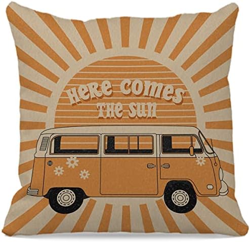 Boho Vintage Bus Here Comes The Sun Throw Pillow Case 18″×18″,Retro Hippies Orange Sun Sunshine Decorative Cushion Cover for Home Living Room Yard Patio Terrace,Gifts for Boho Lovers Women Girls