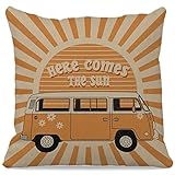 Sun Pillow - Here Comes The Sun Cushion Cover 18x18, Retro Throw Pillows, Hippies Orange Sunshine Decorative Cover for Home