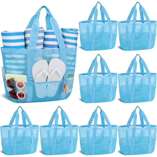 Image of Hillban Large Beach Mesh Bags Bulk for Women Beach Tote Bag with 8 Pocket Zipper Waterproof Sandproof for Pool Cruise Ship