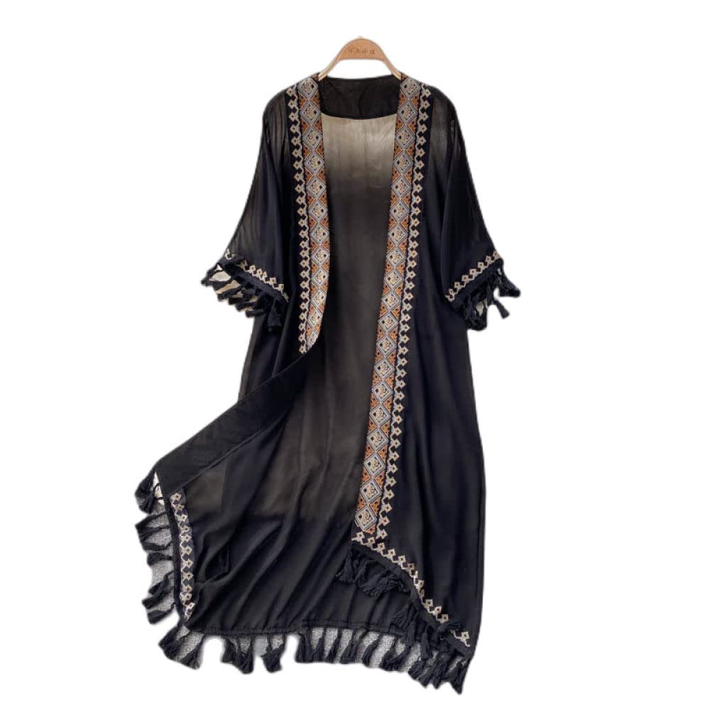 Strickjacke Damen,Retro Boho Damen Quaste Stickerei Schwarz Chiffon Blusen Schal Kimono Cardigantunic Shrugs Party Tops Casual Beach Bikini Cover Ups Leichte Cardigans Mit Offener Vorderseite Für Mä