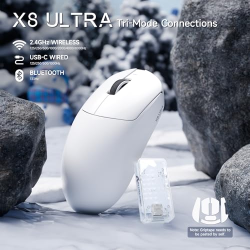 Image of ATTACK SHARK X8 Ultra Wireless Gaming Mouse, 42000 DPI PAW3950MAX Sensor, 8000Hz Optical Nordic 52840 Tri-Mode 2.4G /BT /Wired, 55g Lightweight Big Hand Ergonomic Mouse with Coiled Cable-White&Tape