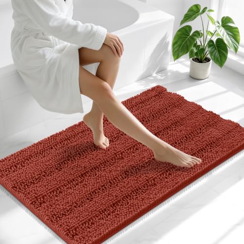 Image of Smiry Thick Chenille Bathroom Runner Rugs 44x24, Absorbent Striped Bath Mat, Machine Washable, Rubber Backing, Long Bath Rugs for Bathroom, Tub & Shower, Home Decor Accessories, Rustic Terracotta