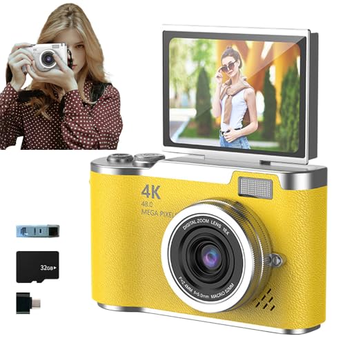 Appareil photo 4K pliable pour étudiant, appareil photo numérique 2025, appareil photo numérique FHD 4K pour photographie avec écran rabattable, zoom 8x 48 MP pour adolescents et adultes (jaune, carte