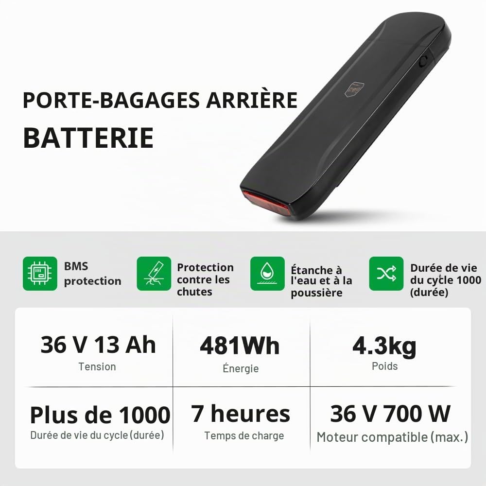 Batterie de Vélo Électrique 36V 13Ah XH370-13J avec Chargeur | pour Moteur 36V 250W/350W/500W/750W Compatible Phylion Fischer SFM