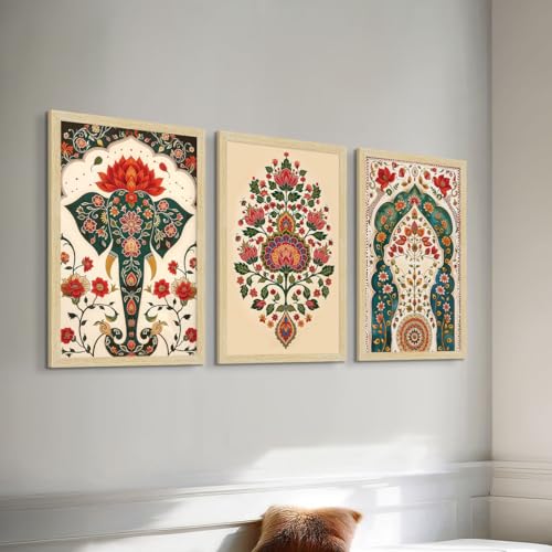 Image of ArtX Paper Madhubani Paintings with Frame for Home Decor Wall Art, Wall Painting for Living Room, Multicolor, Natural Wood Color Frames, 12.0x18.0 inch, Set of 3