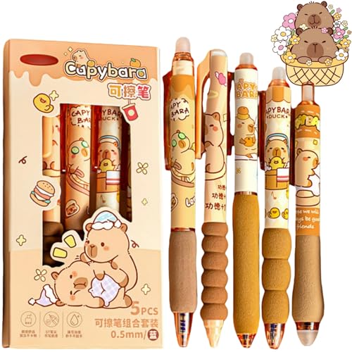 NBOFOL 5pcs Capybara Erasable Gel Pens,Cartoon Capybara Ballpoint Pen Set,0.5mm Friction Tip Pens,Erasable Ballpoint Pen Set,Retractable Anti Slip Rub Out Pens Set,Cute Capybara Stationery & Gifts