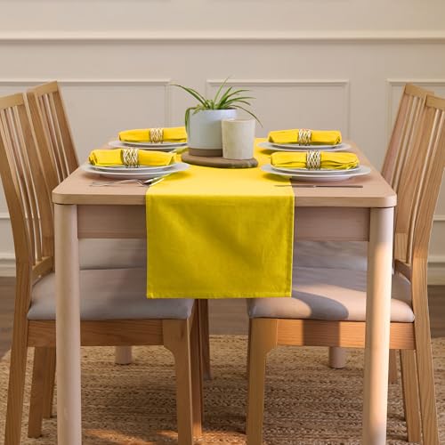 Image of Encasa XO Table Runner for 4 to 6 Seater | Cotton Canvas Fabric | Size 13x72 in | Sunbeam Yellow Solid Color | Machine Washable & Durable
