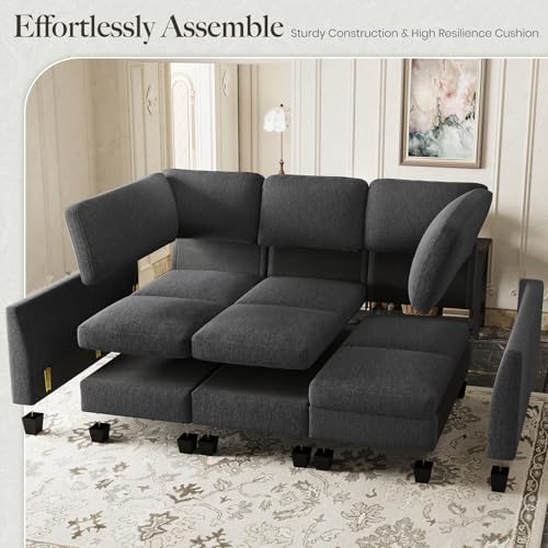 Image of Belffin Modular Sectional Sleeper Sofa Bed with Extendable Length Deep Seat Cloud Couch for Living Room. Dark Grey