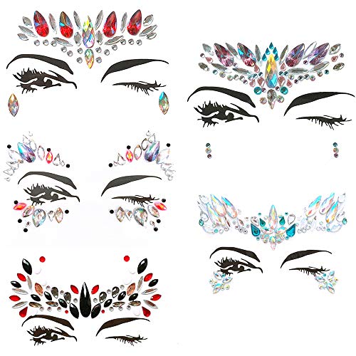 Face Jewels Stickers Rhinestone Face Gems Glitter Face Crystal Stickers Temporary Tattoo Mermaid Face Body Jewelry for Music Festivals,Party,Show(5 Sets)