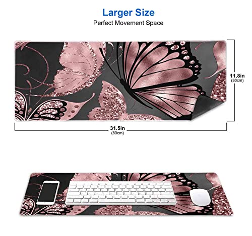 Image of IMAYONDIA Gaming Mouse Pad for Women, Large Non-Slip Rubber Base Mousepad with Stitched Edges, Keyboard Mouse Mat Desk Pad for Work, Game, Office, 31.5x11.8 Inch - Rose Gold Glitter Foil Butterfly