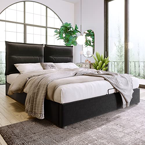 HYSZ Cama tapizada, cama doble, estructura de cama, hidráulica, cabecero ajustable, cama con somier de láminas de estructura de metal, terciopelo, moderna con espacio de almacenamiento, gran espacio