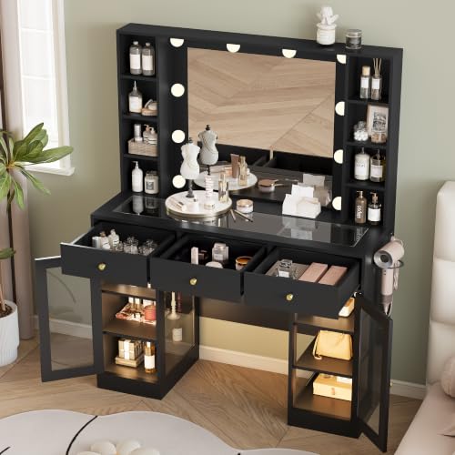 Image of Wodeer Makeup Vanity Desk with Mirror and Lights, Black Vanity with Glass Top, LED Lights & Power Outlet, 3 Drawers & 2 RGB Glass Cabinets, Adjustable Lighted Dressing Table for Women & Girls Bedroom