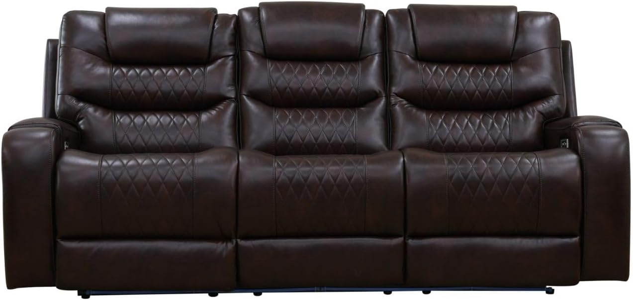 Recliner Sofa Dark Brown Breathing Leather LED Lighting USB Charging Cup-Holder
