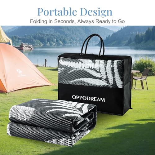 OPPODREAM Reversible Outdoor Rug 6x9, Waterproof Outdoor Plastic Straw Rug for Patio, Tropical Leaf RV Camping Rugs for Outside, Deck, Balcony, Porch, Backyard, Camping, Rv, Black and White by OPPODREAM - Used condition - Image 6