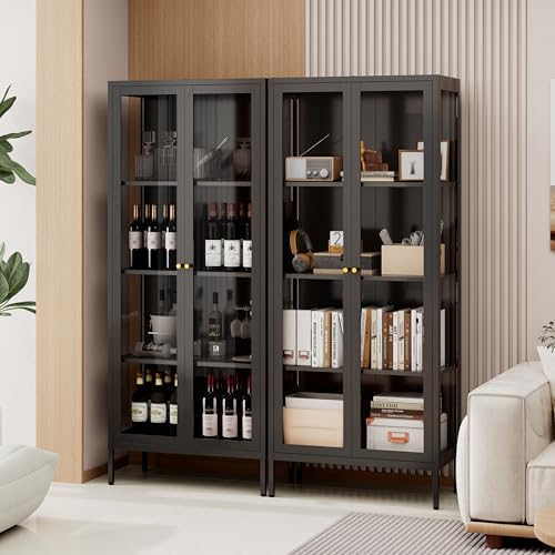 TIMELESS PIECES Vitrine mit Glastüren,Glasvitrine Stehend Vitrinenschrank mit 3 höhenverstellbaren Fachböden, Sammlervitrine Glasschrank für Wohnzimmer Schlafzimmer Wein Büro, Schwarz(35x70x168cm)