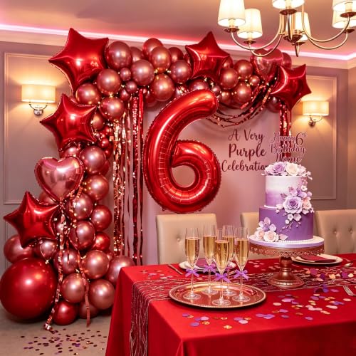 Image of Number Balloons Red Party Balloon - 40 Inch Large Number 6 Balloon, Numbers Balloon Birthday Decorations, Red Party Supplies for Anniversary
