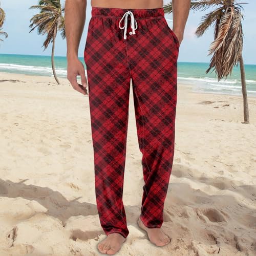Mens Pj Pants Lightweight Straight Leg Plaid Pajama Pants Comfy Drawstring Waist Cotton Lounge Pants with Pockets2