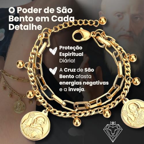 Pulseira Feminina São Bento Banhada a Ouro 18K em Aço Cirúrgico 316L, Ajustável, Proteção Espiritual