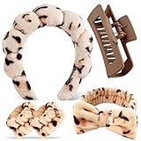 Zkptops 5Pcs Spa Headband for Washing Face Wristband Set Sponge Makeup Skincare Terry Cloth Bubble Soft Hairband Claw Clips for Thick Hair Puffy Headwear Non Slip Hairs Accessory (Leopard Print)