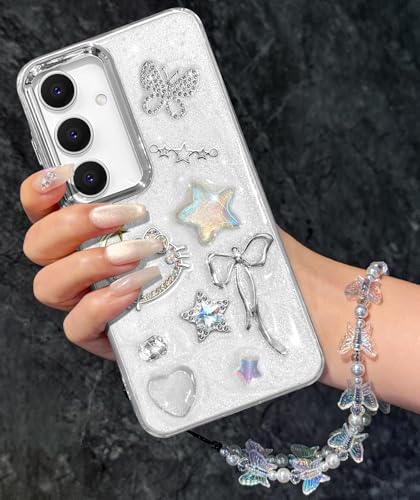 Toycamp for Samsung Galaxy S25 Case, for Samsung Galaxy S24 Cases - for Women Girls Cute Girly Kawaii Cartoon 3D Cat Star Bow Design with Charm Butterfly Wrist Chain Aesthetic Pretty Teens Phone Cover