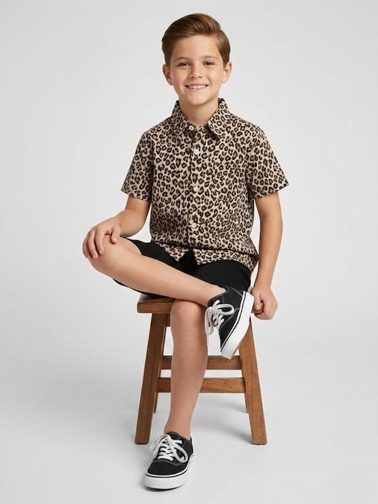 Niren Enterprise Cotton Fabric Casual Half Sleeve Leopard Printed Pattern Kids Boys Shirt Brown Black Colour 4