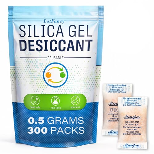 LotFancy Silica Gel Packets 0.5g 300 Pack, Color Indicating Desiccant Packs, Moisture Absorber for Spice Jars, Seed Storage, Jewelry, Electronics & Small Containers