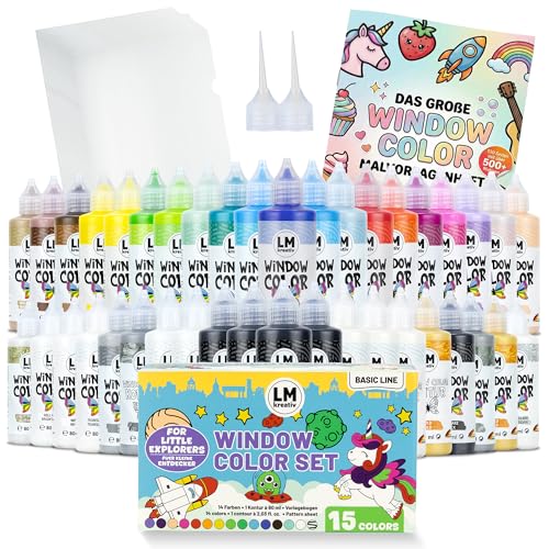 LM-Kreativ Window Color XXL 40er Set Farbmix mit Konturen 1 Bonus Sets 10 Spezialfolien Vorlagenheft mit über 500 Motiven und Zubehör für Fenstermalfarben auf Glas und Spiegel