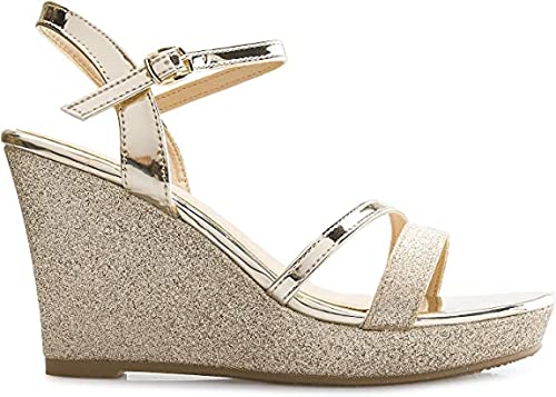 Forever FQ22 Women's Glitter Strappy Wrapped Wedge Heel Platform Sandals, Gold-1, Size 7.54