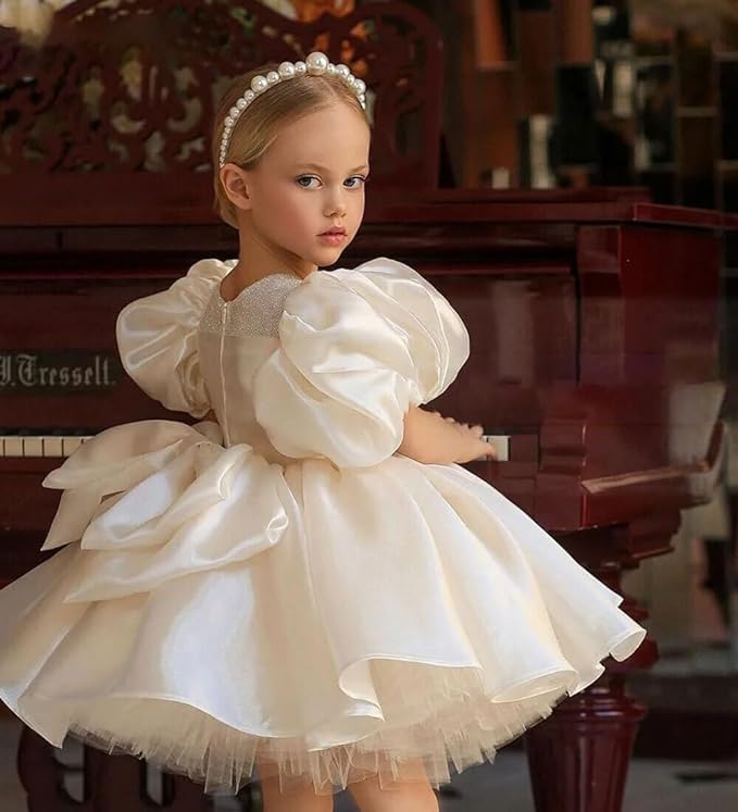 GZCYL Short Flower Girl Dress Princess Puff Sleeves Satin Toddler Pageant Ball Gowns Knee Length2