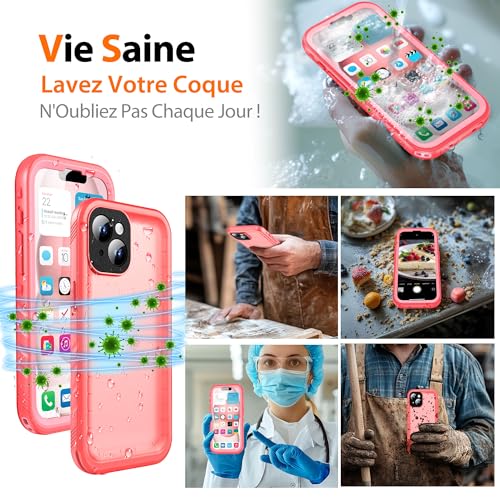 Coque étanche IP68 pour iPhone 14 Cozycase antichoc intégrale rose