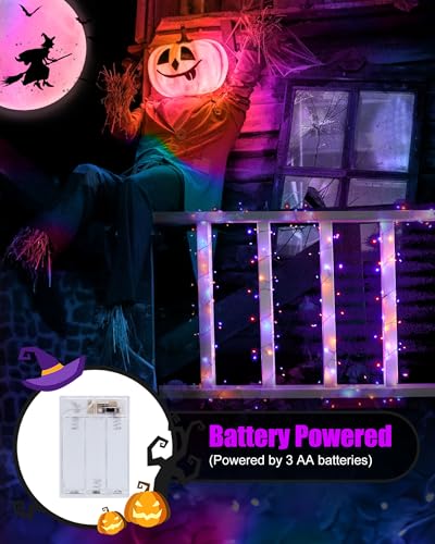 Image of Halloween Fairy Lights Battery Operated, 10 Feet 120LEDs Firecracker String Lights, Silver Wire Starry Firefly Lights for Bedroom Home Haunted House Indoor Outdoor Holiday Decorations, Orange & Purple | Waterproof Silver Wire Starry Firefly Lights for DIY Home Haunted House Indoor Outdoor Halloween Decorations, Orange & Purple