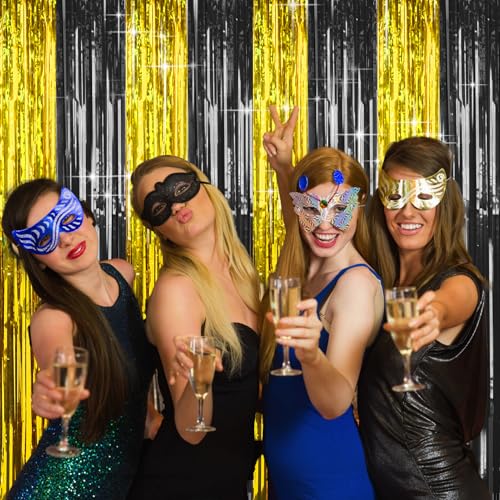 Image of 4 Packs Black and Gold Foil Fringe Curtain, Black Gold Metallic Tinsel Backdrop for Birthday, Wedding, Graduation Decorations 2025, Anniversary, Retirement Party Decorations Supplies
