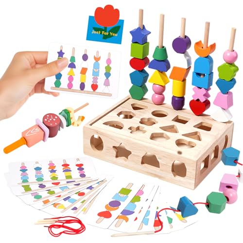 USHOP Montessori Spielzeug,Fädelspiel Sortierspiel für Kinder,Holzspielzeug mit Steckspiel Fädelspiel Bausteinen Motorikspielzeug mit Stapelsteinen für Baby Jungen Mädchen Spielsachen