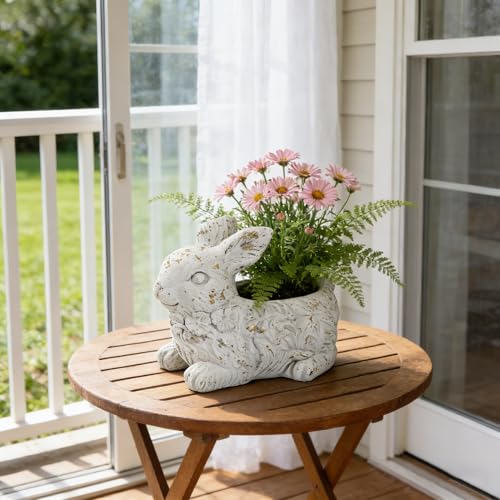 Rustic Stone Animal Plant Pot with Drainage Vintage Distressed Succulent/Cactus/Bonsai Planter Indoor&Outdoor Flower Pots for Garden Office Home Kitchen Table Decor Plants Lovers Gifts White Bunny
