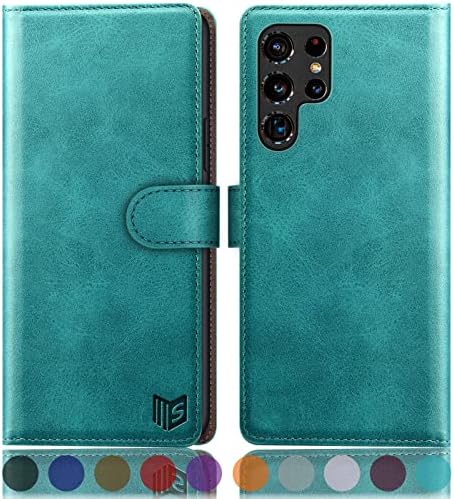 SUANPOT RFID Blocking Wallet Case for Galaxy S22 Ultra - Leather Flip Folio, Shockproof, Blue Green