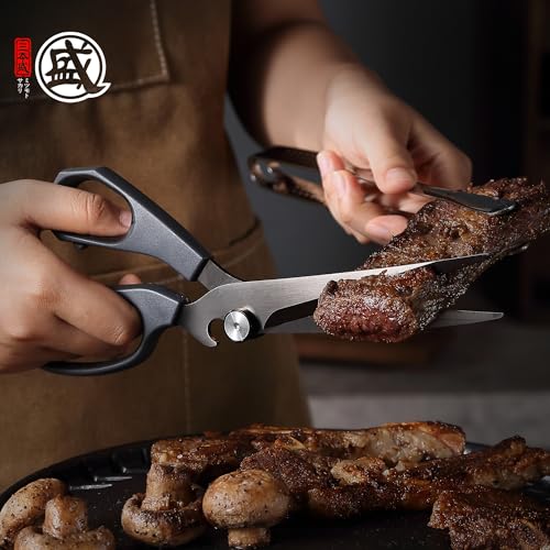 MITSUMOTO SAKARI Japanese Kitchen Scissors, Extended Meat Scissor, Multifunctional Black Cooking Shears (Non-Slip Handle) - Image 4