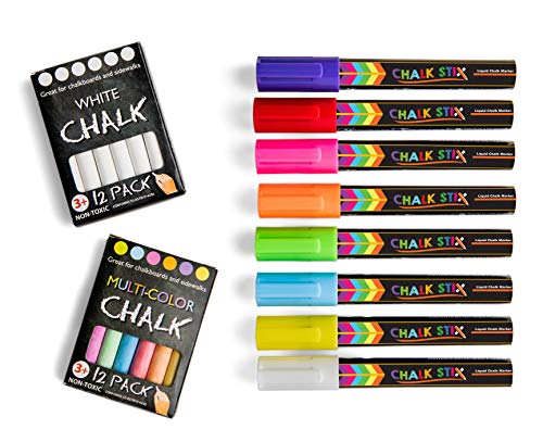 Chalk Stix Chalk Markers 8 Neon Liquid Pens and 24 pcs of FREE BONUS Chalk - Reversible Tip, Wet Erase, Washable - Best for Chalkboard Labels, Bistro Glass Window, Non-Porous Surfaces
