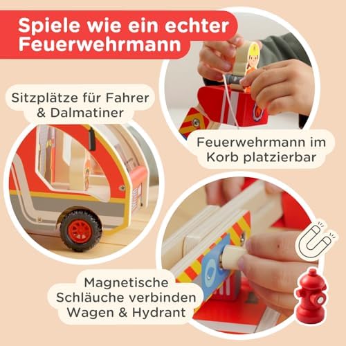 Nene Toys Holz-Feuerwehrauto für Kinder ab 2 Jahren – Feuerwehr Spielset mit 360° drehbarer Leiter & Korb, magnetischen Schläuchen, 3 Feuerwehrmännern & Dalmatiner – FSC-zertifiziertes Holzspielzeug