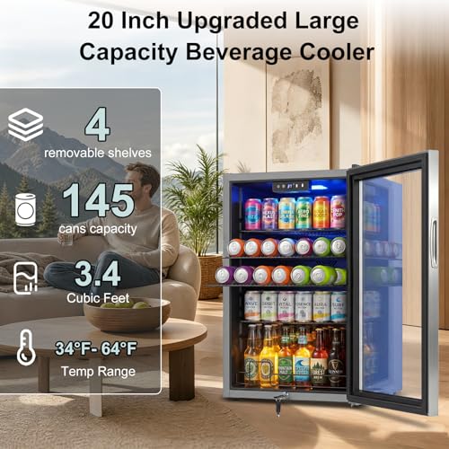 Image of 20 Inch Beverage Refrigerator - 145 Can Small Beverage Fridge for Home Office Bar, 3.4 Cu.Ft Drink Cooler for Soda Beer with Reversible Door, Digital Temperature Control