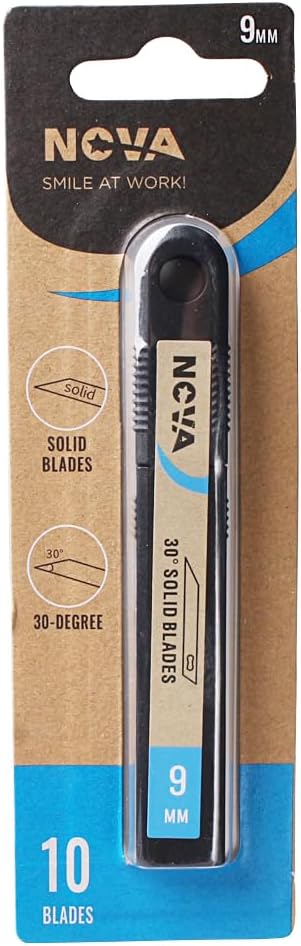 NOVA Slim Box Cutter Replacement Blade: 9mm Blade, 30 Degree Point Tip, Perfect for Paper, Boxes, Craft, Shrink Wrap, Foam, Plastic, Thin Metal, Utility (10 Pack)