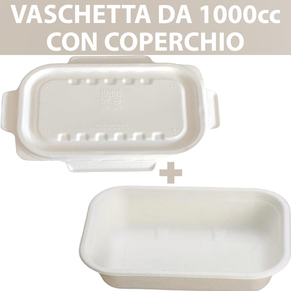 G.M. DISTRIBUZIONE 125 Vaschette in Polpa di Cellulosa con Coperchio da 1000ml, Ideale per Cibi Caldi e Freddi, Vaschetta con Elevata Resistenza Termica, Biodegradabile e Compostabile