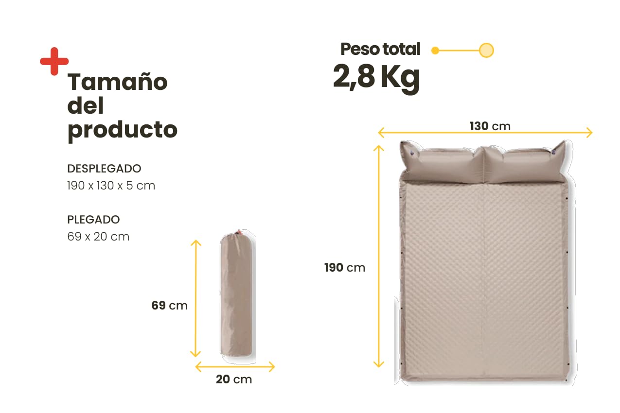 Inuitz Colchon autoinflable Doble 190x130 cm – 5 cm de Amortiguación – Colchoneta Plegable Ligera para Camping en Pareja y Aventuras Outdoor