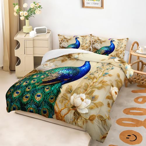 Image of AILONEN Peacock Gold Floral Luxury Print Bedding Sets Twin Size,Beautiful Garden Birds Comforter Set for Girls Women Bedroom Decor,3-Piece, 1 Quilt and 2 Pillowcases