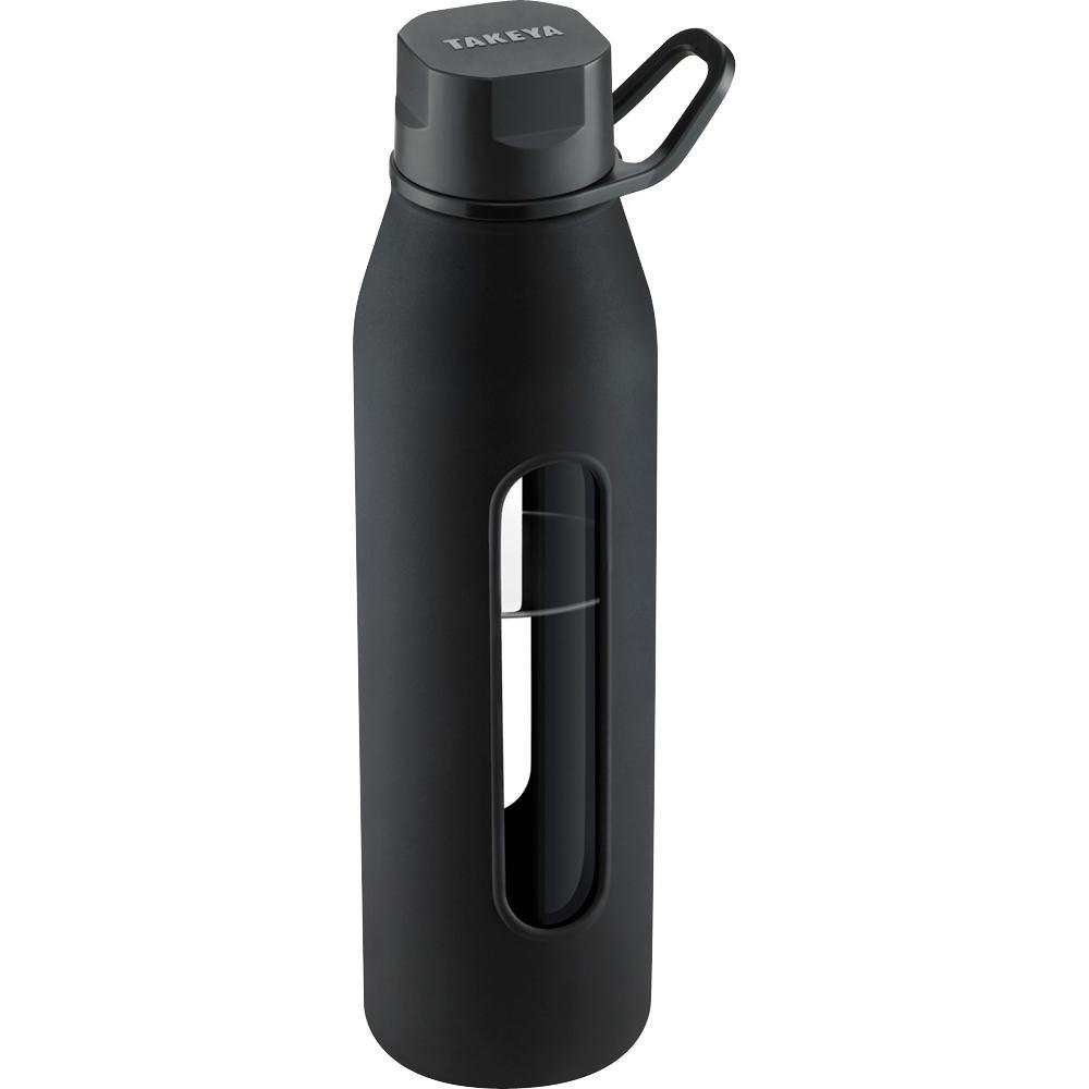Glass Water Bottle with Silicone Sleeve and Twist Cap, 22 Ounce, Black