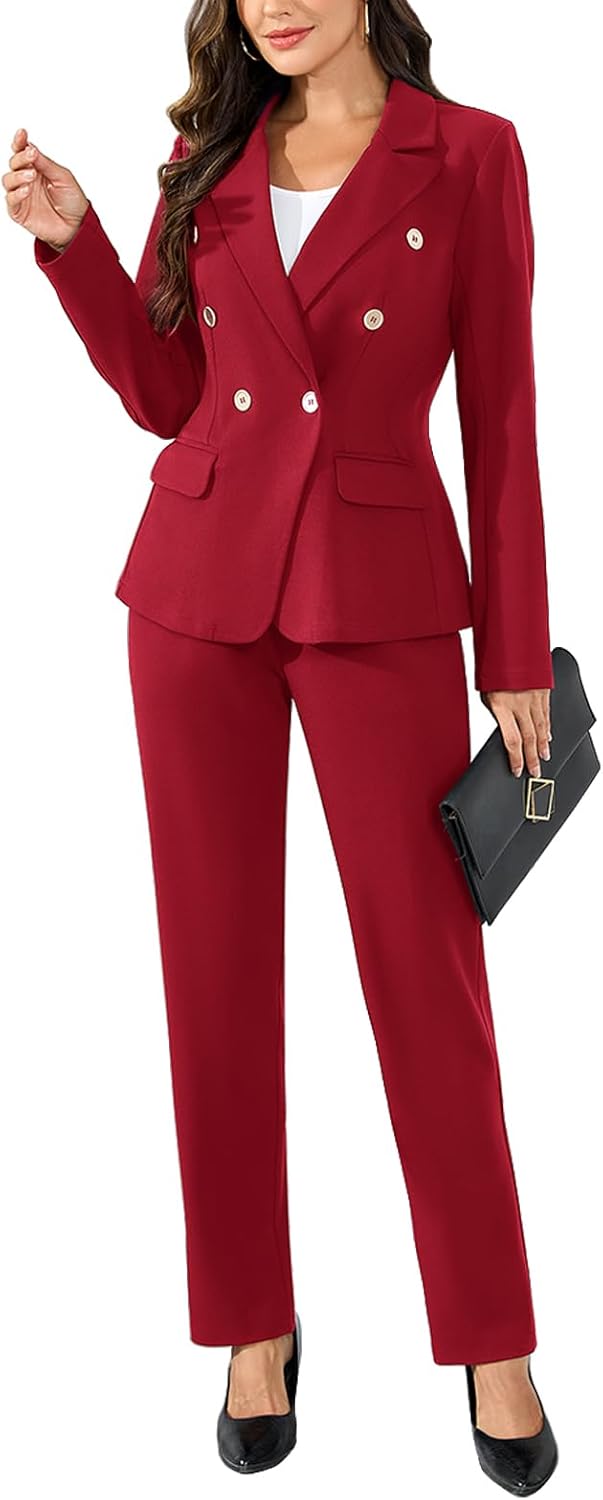 Women's 2 Piece Suits Business Casual Outfits Double Breasted Blazer Pantsuits Professional Office Work Sets