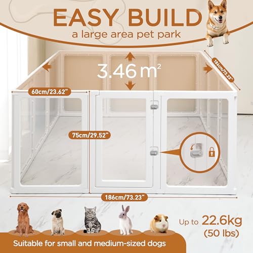 Citylife 12PCS Welpenauslauf 75cm hoch, Hundelaufstall faltbar mit Tür, Hundegehege Wohnung, XXL Laufgitter für Hunde, Katzen, Kaninchen, Kleintiere, rutschfest, Transparent