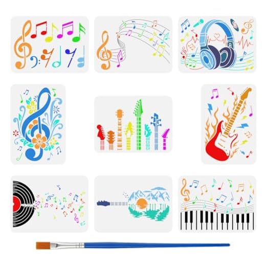 FINGERINSPIRE 9 plantillas de notas musicales con un pincel de pintura de 29,7 x 21 cm, auriculares de guitarra, piano, disco de vinilo, clave de sol, plantilla de dibujo musical para pintar sobre